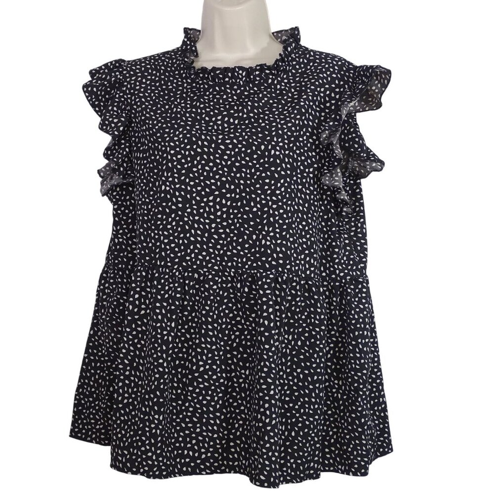 Shein Curve Women Size OXL 12 Black Ruffle Sleeveless High Neck Printed Top